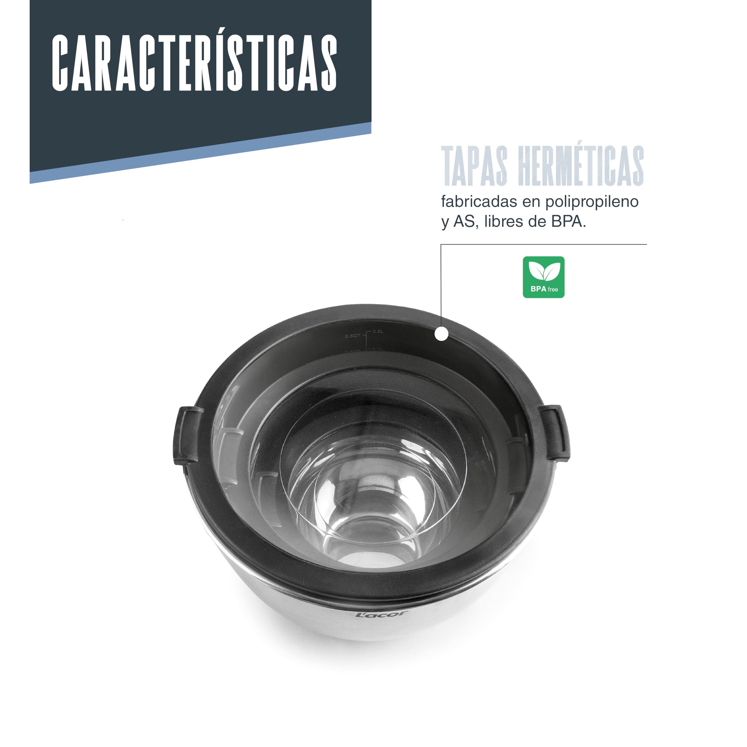 LACOR 60049 - Set 3 boles Adapt, Apilables, Con tapa hermética - Cocina | En acero inox 18/10, listo para el uso diario en cocina; cierre hermético, apilable, ahorra espacio, para tu cocina cada día
