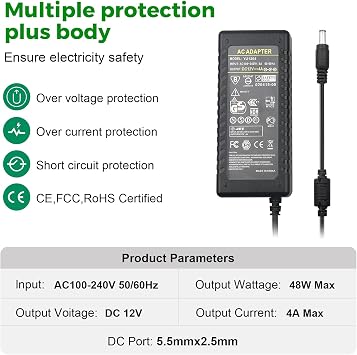 12V 4A Power Supply Adapter AC 100-240V to DC 48W Transformer 4000mA Converter with 5.5mmx2.5mm DC Output Plug for Camera LED Strip Lights Router CCTV Cameras DVR NVR