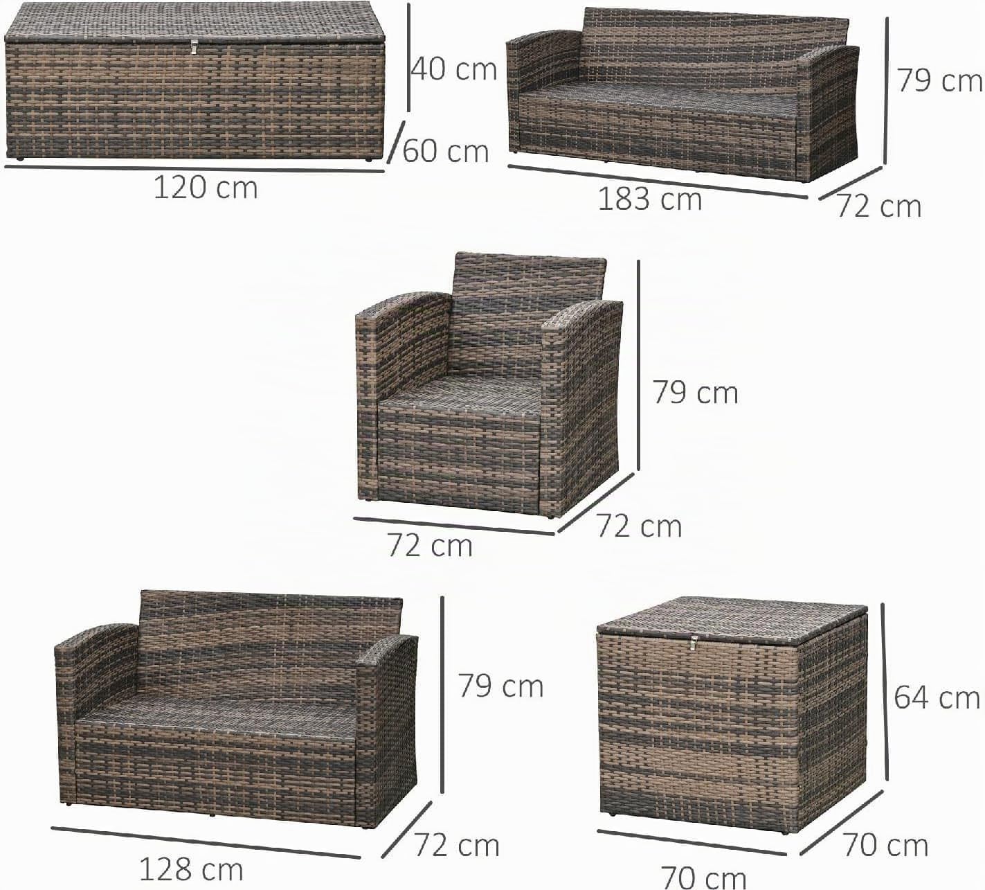 Salotto da Giardino Esterno Set Mobili 2 Divani 2 Poltrone e Tavolino con Cuscini in Rattan Pe Marrone Arancione