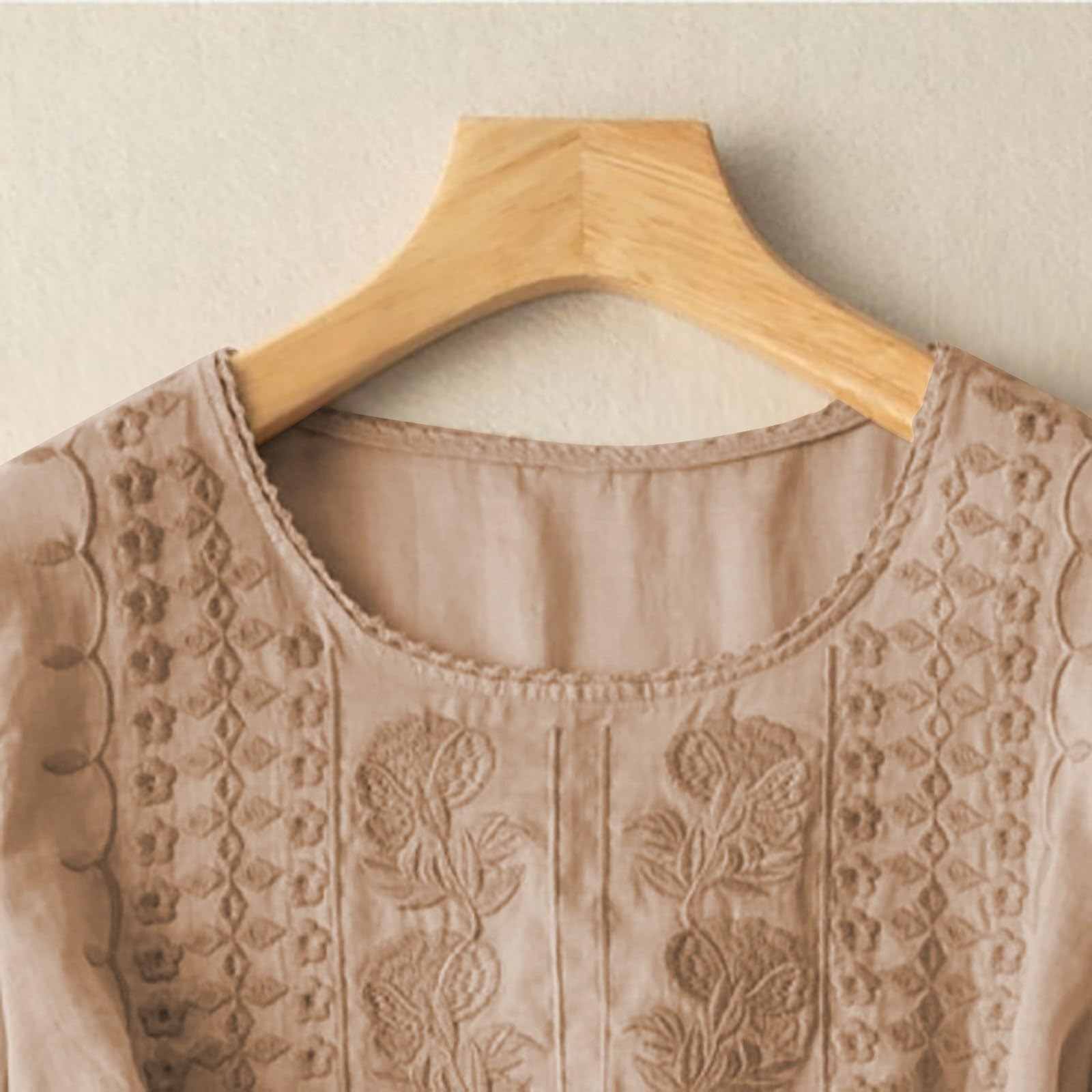 Tuta estiva da donna in lino, stile boho, con camicetta a 3/4 ricamata, in tinta unita, con coulisse, traspirante, leggera, per il tempo libero, per la spiaggia e la vita quotidiana