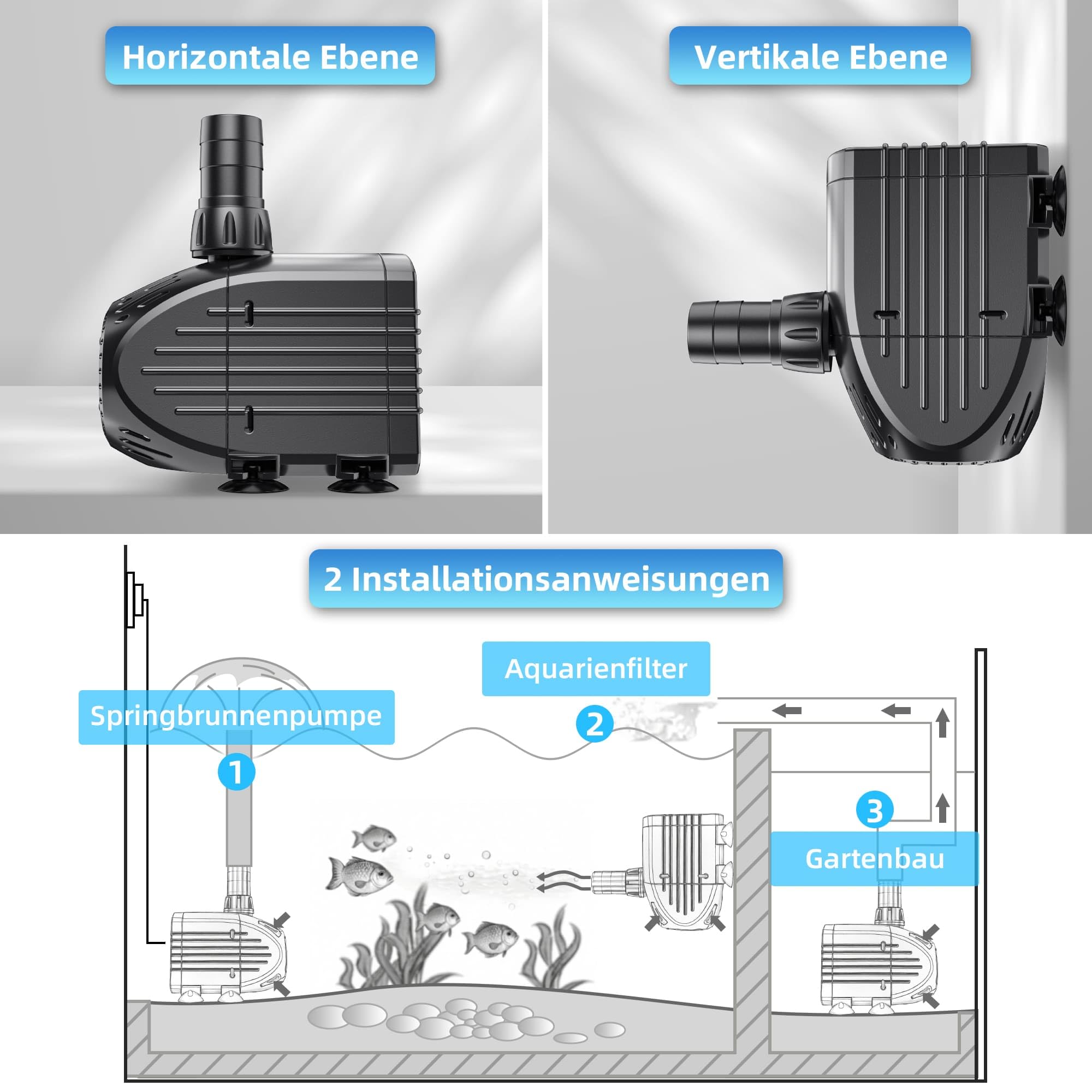 Biling Teichpumpe 1520 L/H Ultra Leise Springbrunnenpumpe Schutz vor überhitzung Funktion, Wasserpumpe Tauchpumpe mit 3m Kabel für Fontänen und Wasserspiel Brunnen Hydroponik-Systeme, Schwarz