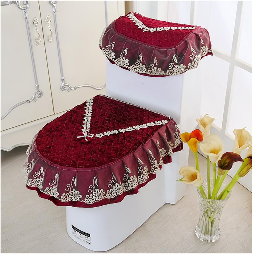 WSHINE Pleuche Lace Toilet Accessories Tank Cover + Lid Cover + Toilet Seat Cover, Set of 3 (8) : Home & Kitchen