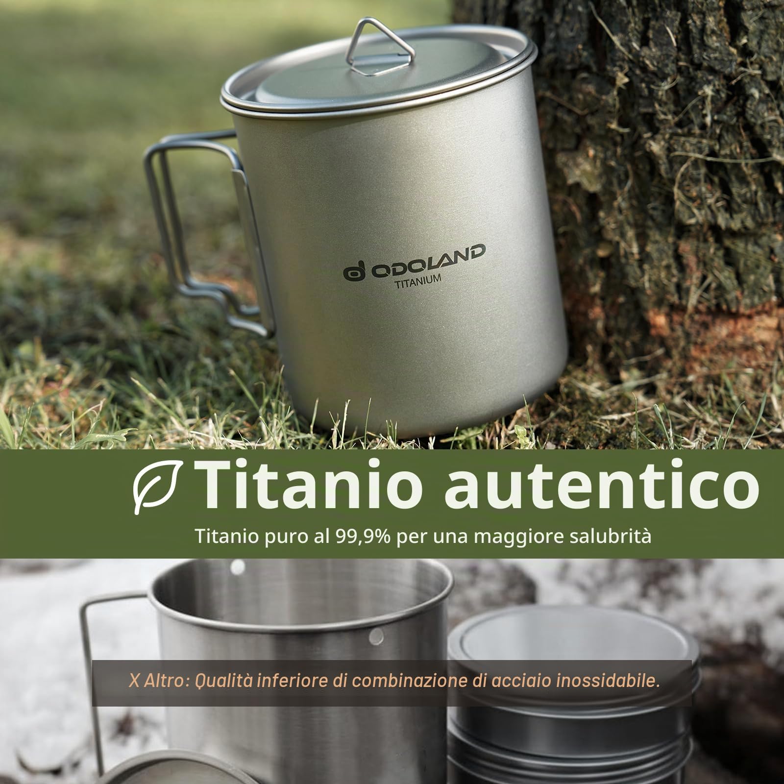 Odoland Tazza da caffè in titanio ultraleggera, portatile, da campeggio, con coperchio e forchetta per campeggio, escursionismo, viaggi e zaino in spalla