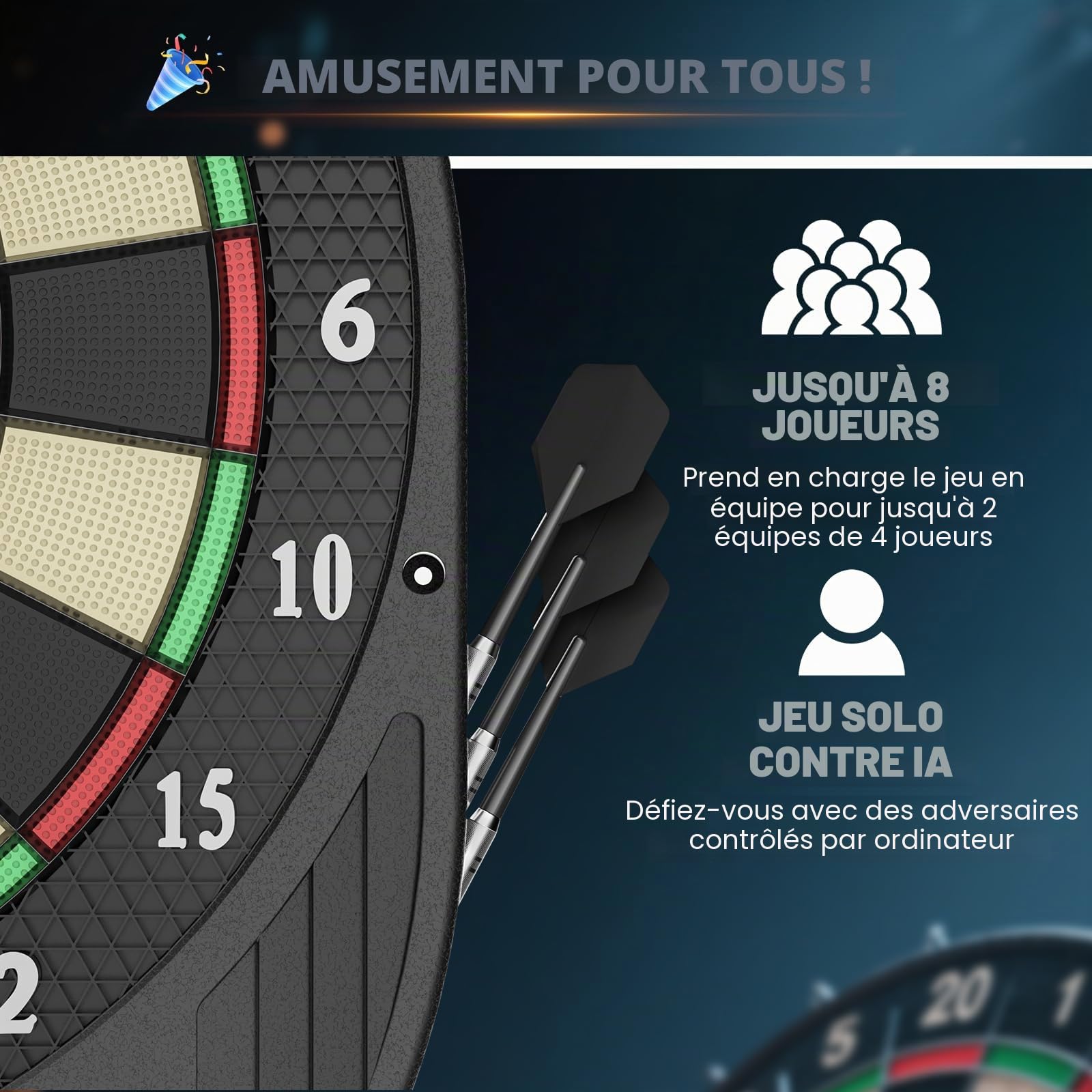 Cible de Fléchettes Électronique Professionnelle avec 6,33 Jeux & 271 Options, Écran LCD, 8 Joueurs Max