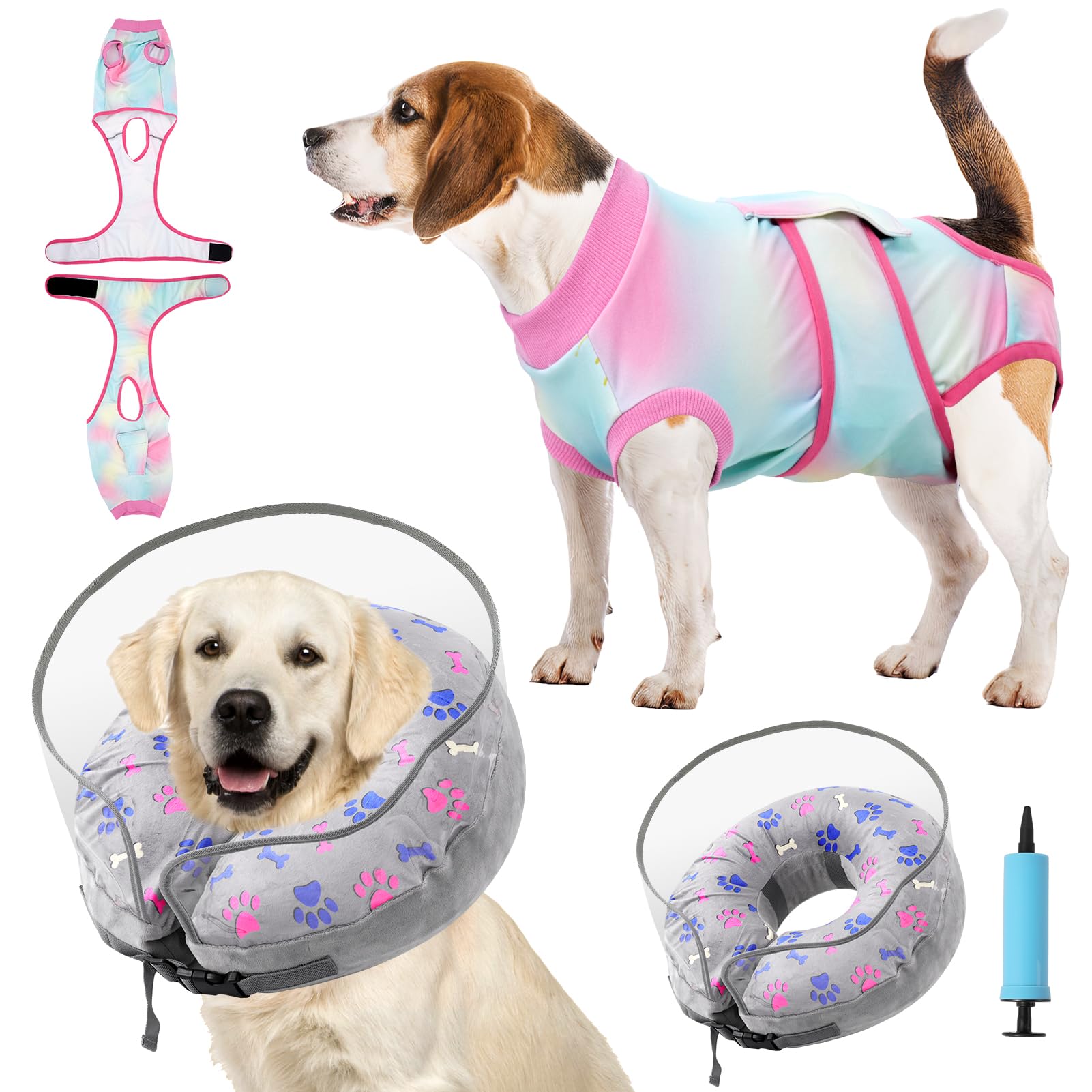 Dog Spay Recovery Suit with Donut Collar 2-in-1 Bundle | Pink Surgical Onesie for Female Dogs After Surgery | Anti-Licking E-Collar Alternative & Soft