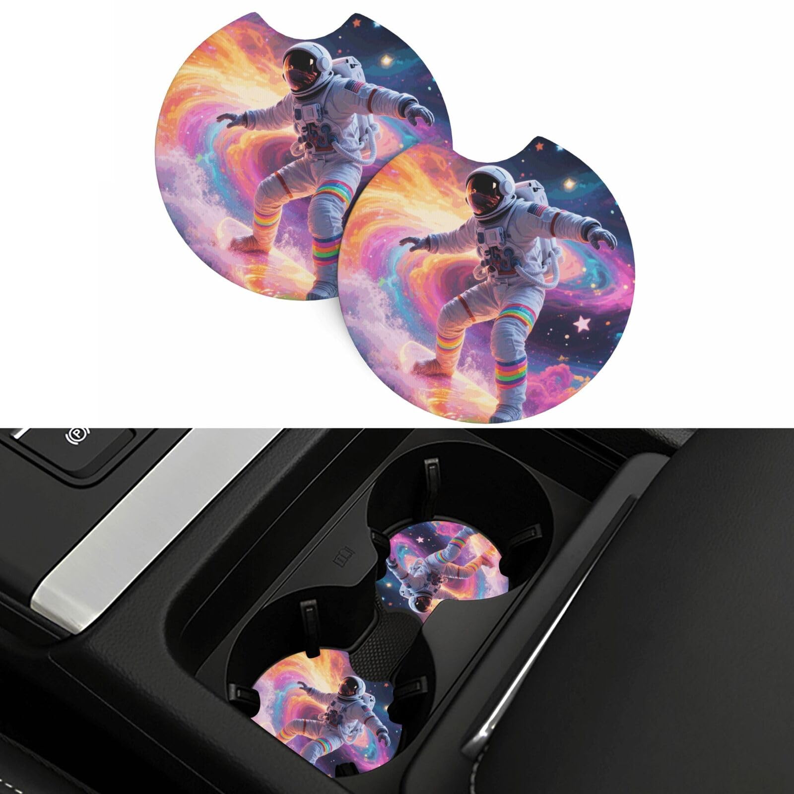 2 Pack Car Coasters,2.7" Universal Car Cup Holder Coasters Non-Slip Neoprene Cup Pad Mat Coaster Car Interior Accessories for Women Men Colorful Astronaut Surfing in Galaxy