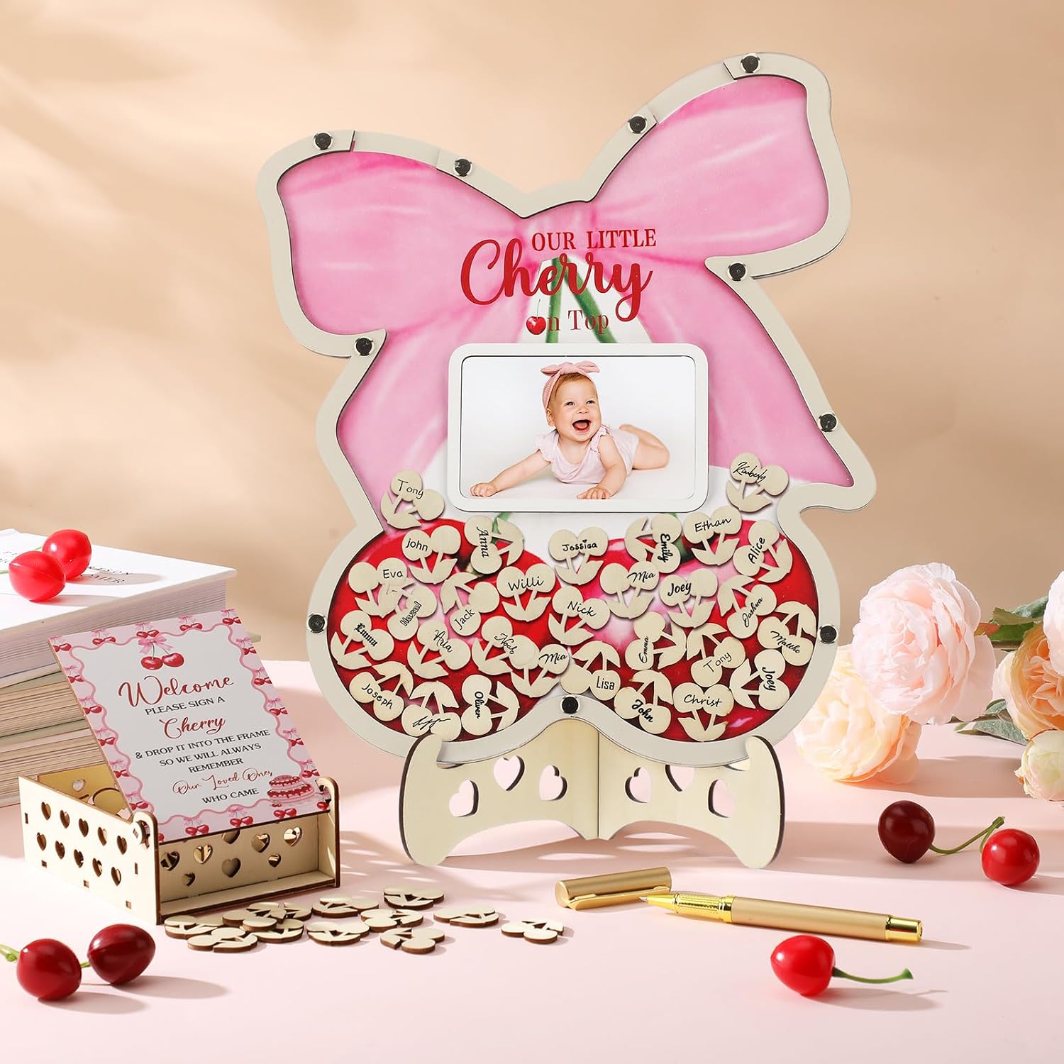 Wenqik 63 Pcs Cherry Baby Shower Guest Book Alternatives Set Baby Shower Decorations with Photo Frame Sonogram Frame Keepsake 60 Wood Slices Guest Book for Birthday