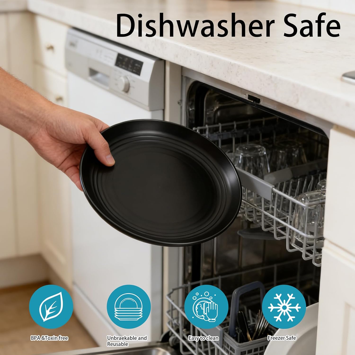 Supernal Wheat Straw Dinnerware Sets,Plates and Bowls Set, Dish Sets for 8, Unbreakable Plate for 8 Dishwasher Safe,Reusable Dinnerware Black-16pcs Plates, 8pcs Bowls, 8pcs Cups.