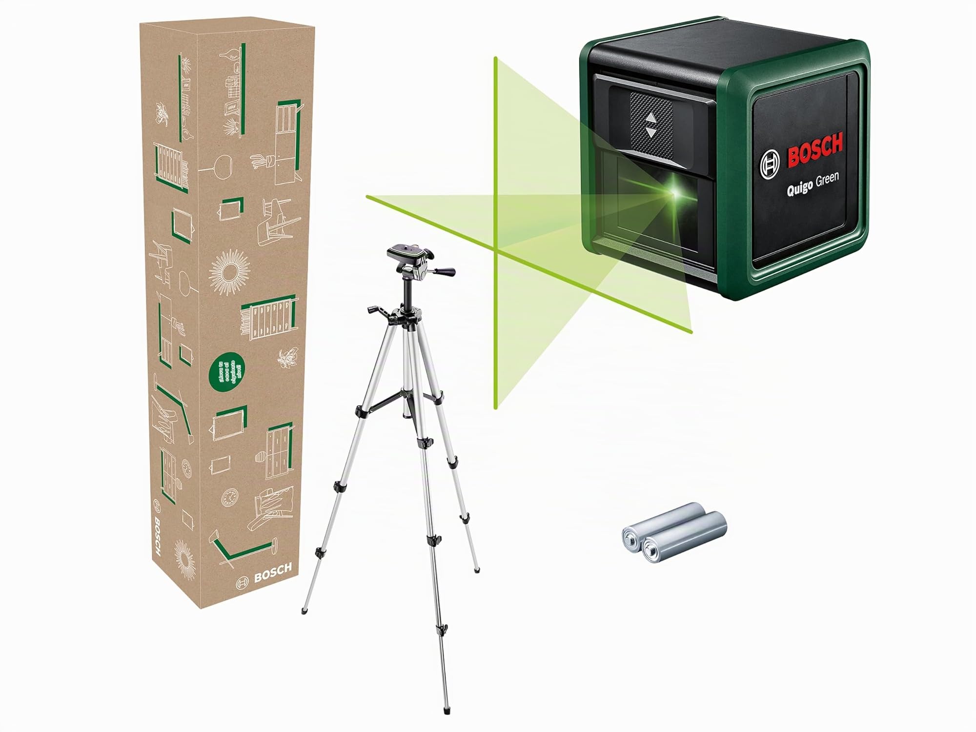 Bosch nivel láser de líneas cruzadas Quigo verde con trípode (láser verde para mejor visibilidad, carcasa de plástico reciclado, en caja para e-commerce)