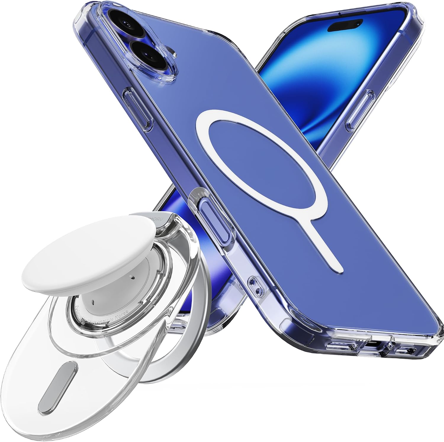 Sinjimoru for MagSafe Phone Grip, M-Tap Tok Stand Clear White & iPhone 16 Plus Case Compatible with MagSafe, M-Airclo Basic