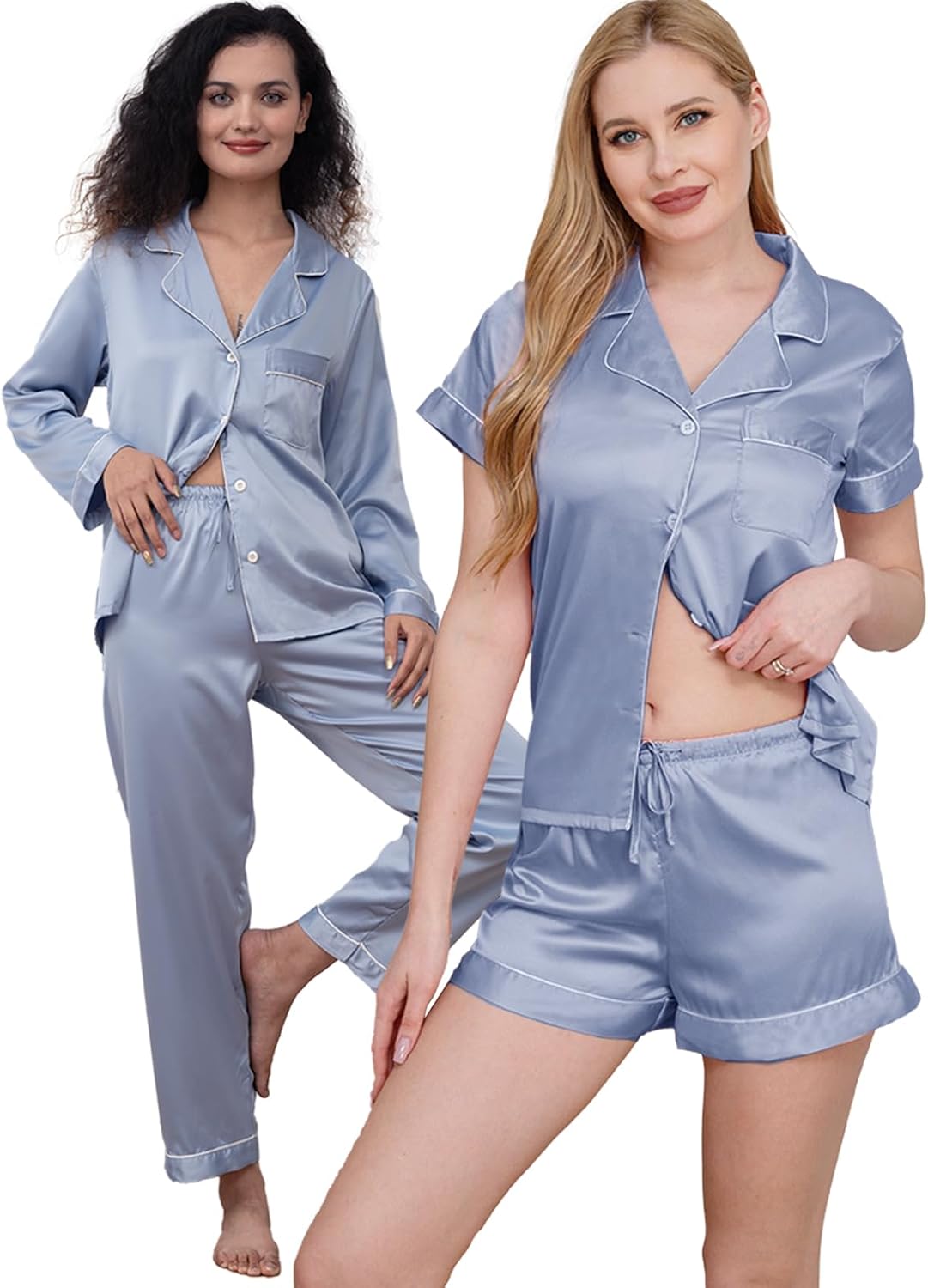 5Pcs Womens Satin Pajamas Set Silk Pajama Pjs XS-2XL Silky Pj Sets Button Down Sleepwear Nightwear Loungewear - Image 2