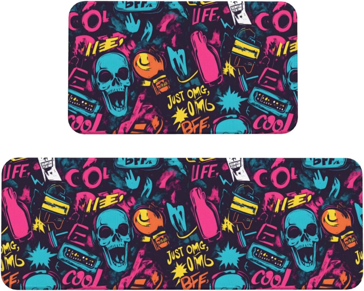 Skull Doodle Print Kitchen Rugs Sets of 2 Non Slip Washable, Anti Fatigue Kitchen Mats for Floor, Home Decor