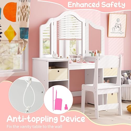 Miniatura 34 de Costzon Vanity - Tocador de maquillaje de princesa 2 en 1 con parte superior desmontable, tocador para niños pequeños con espejo triple y estantes
