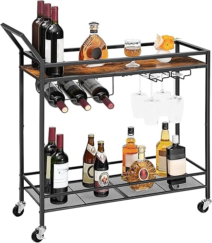 HOOBRO Carrito de bar para el hogar, carrito de cocina de 2 niveles con estante para vino y soporte para vidrio, carrito de servir con ruedas y