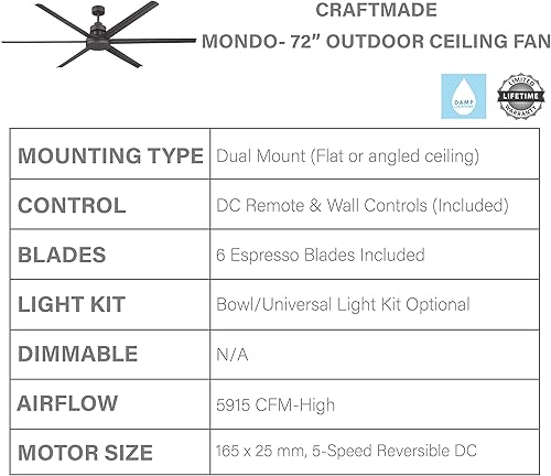 Miniatura 5 de Craftmade MND72ESP6 Mondo - Ventilador de techo para exteriores con mando a distancia de 72 pulgadas, ventilador industrial de metal grande de 6
