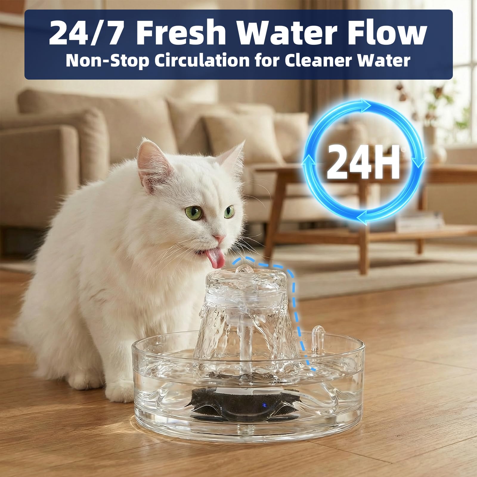 Fuente de vidrio para mascotas, fuente de agua para gatos de 2,6 L