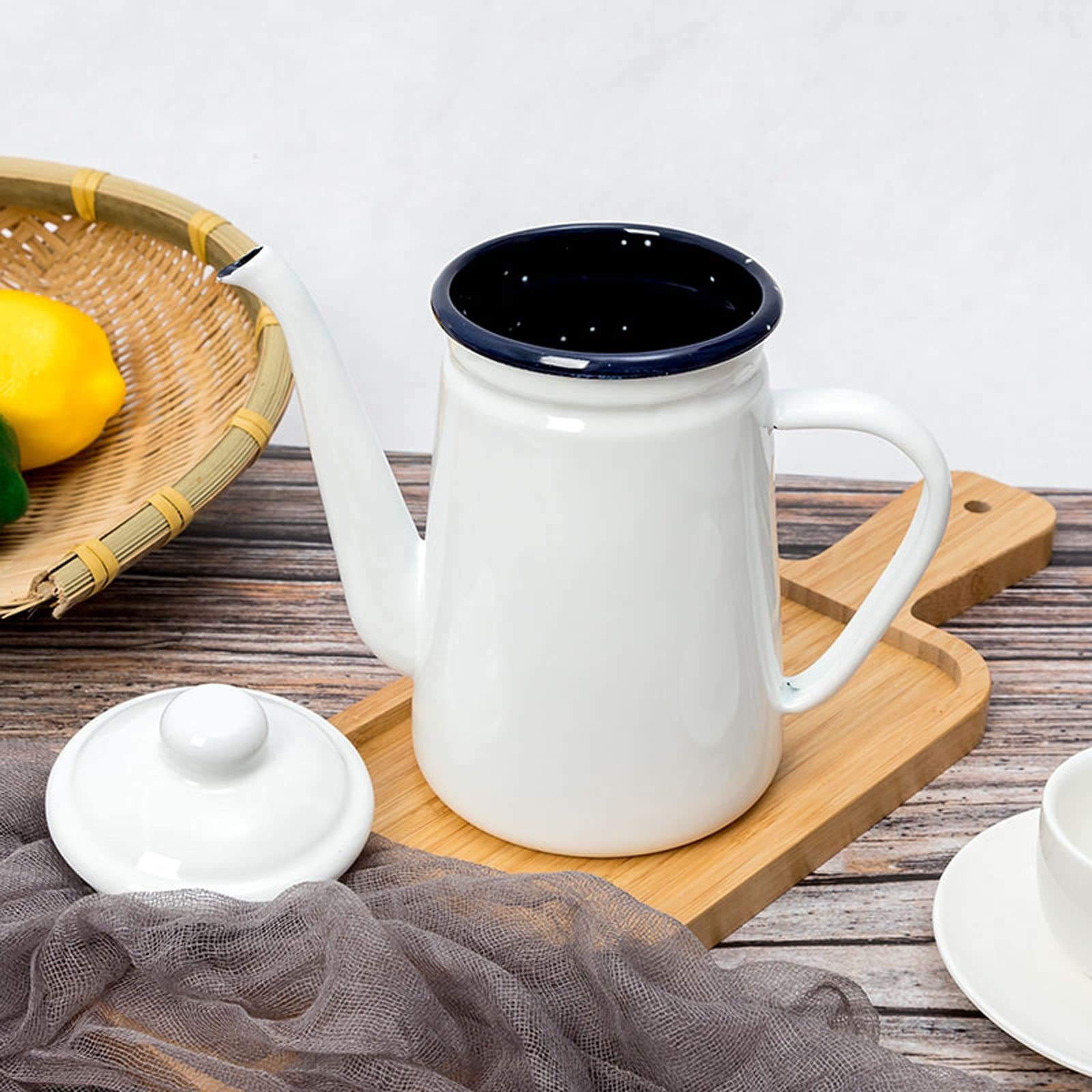 Pichet Pot de café en émail de Style Japonais avec poignée et Couvercle pichet Blanc Maison théière rétro Excellente pour Les Boissons Froides et Chaudes Pichets