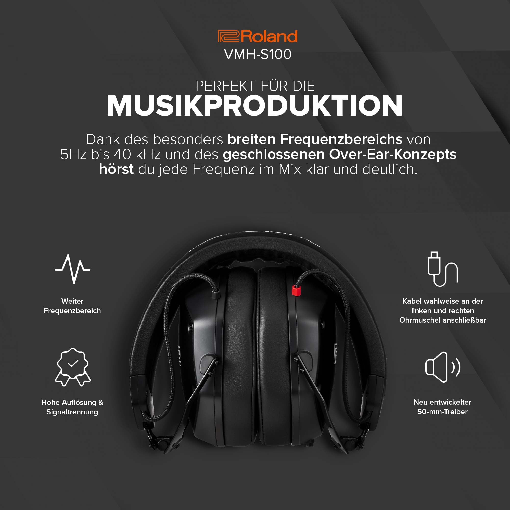 Roland VMH-S100 | Hi-Res Over-Ear-Kopfhörer für die Musikproduktion | Weiter Frequenzgang | Herausragende Signaltrennung | 50 mm Treiber | Komfortabel & robust