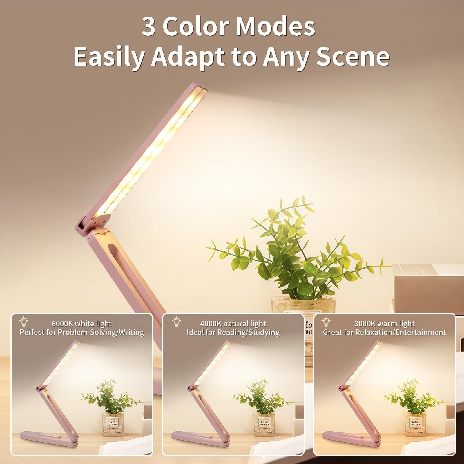 Lámpara De Lectura Lámpara De Escritorio Plegable, Ajustable, LED, Doble Cabezal, Portátil, con Atenuación para Ojos(Pink)