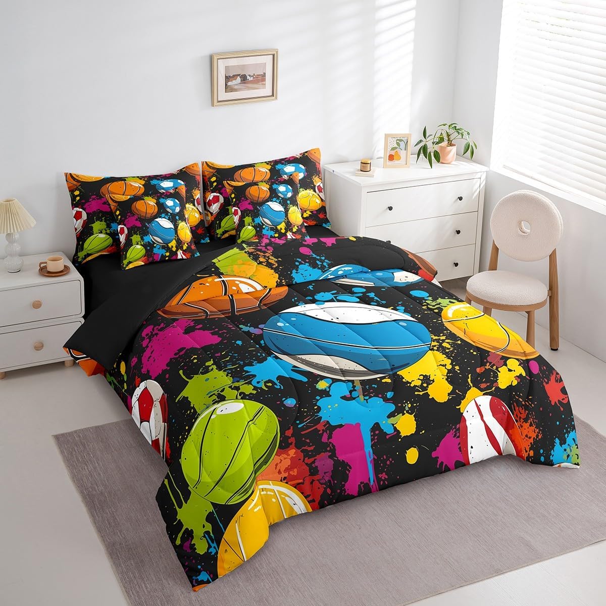 Erosebridal Kids Sports King Bed in A Bag 7 Piece Basketball Baseball Comforter Set Soccer Football Bedding Set for Teen Boys Colorful Tie Dye Balls Sheet Set with Comforter Pillow Covers