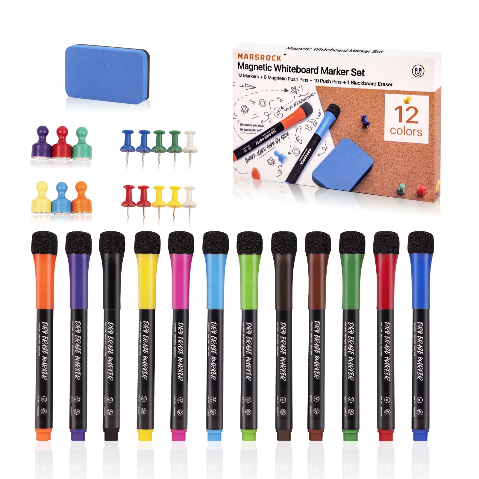 Dry Erase Markers Fine Tip - 12 Count Colorful Low Odor Magnetic Whiteboard Markers with Eraser, 6 Magnets, 10 Push Pins & a Blackboard Eraser for Kids School Supplies Calendar Boards Office