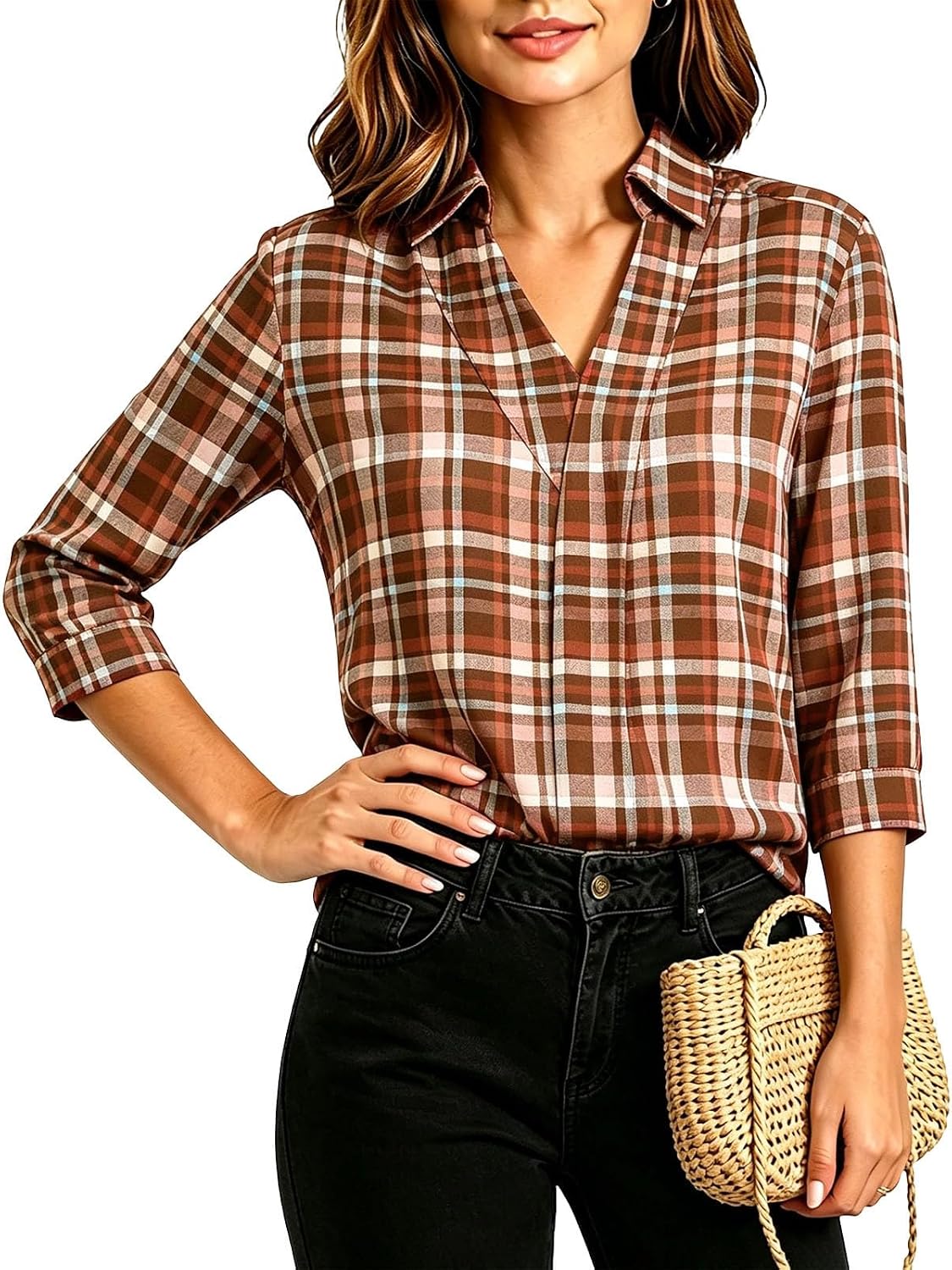 Polka dots Printed Top for Women Casual Loose Fashion T Shirts | 3/4 Length Sleeve Business Work Tunic Blouses Comfy V Neck Plus Size Lightweight Breathable Dressy Clothes