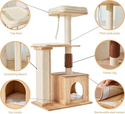 Miniatura 7 de CIKEA Moderno árbol de madera para gatos grandes y pequeños, torre de madera maciza natural para gatos con poste rascador de sisal natural,