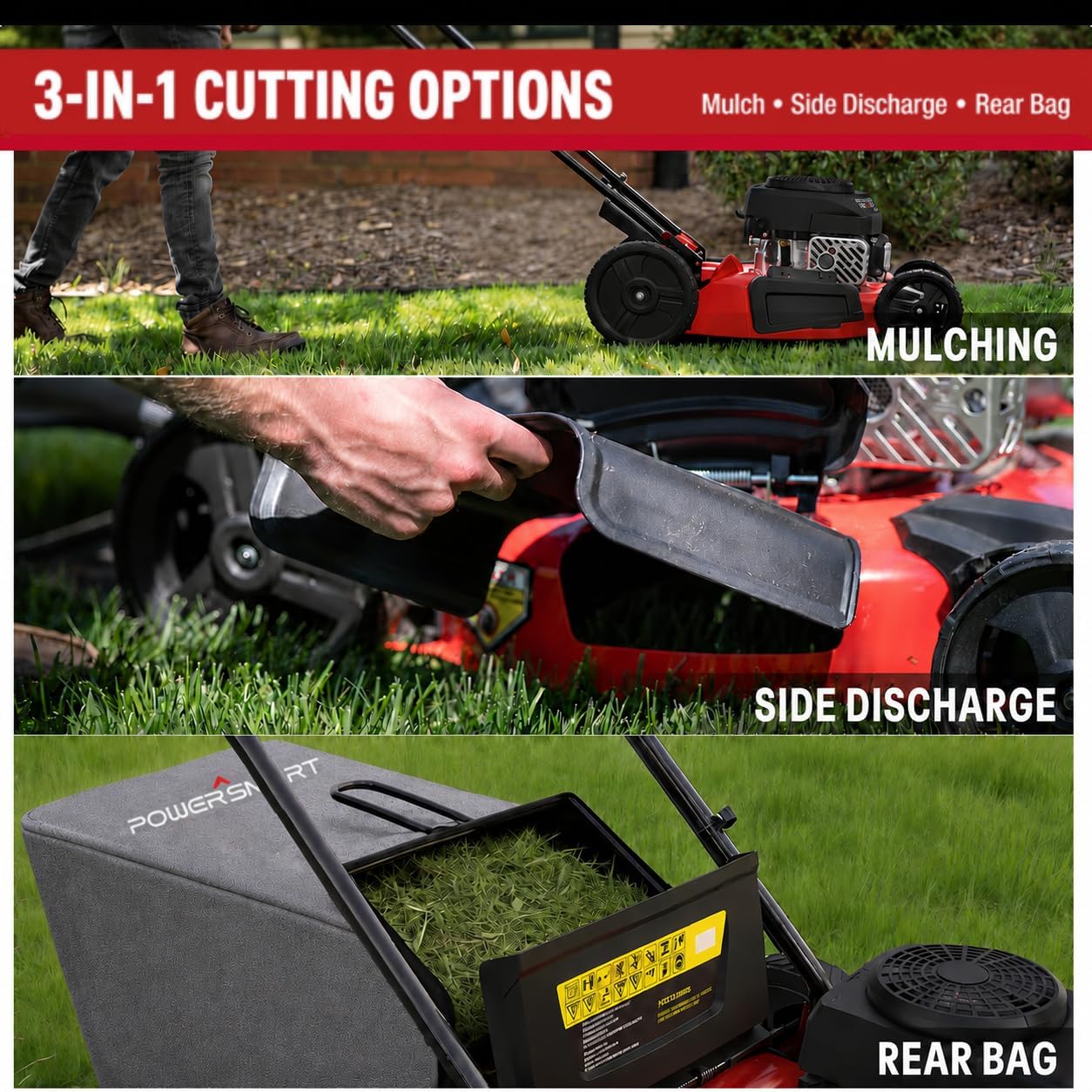 PowerSmart 21-Inch 3-in-1 Gas Self-Propelled Lawn Mower,170CC OHV Engine,Bagging/Mulching/Rear Discharging, 6 Cutting Heights, Durable Steel Deck, Rear-Wheel Drive, for Garden, Yard, thumbnail