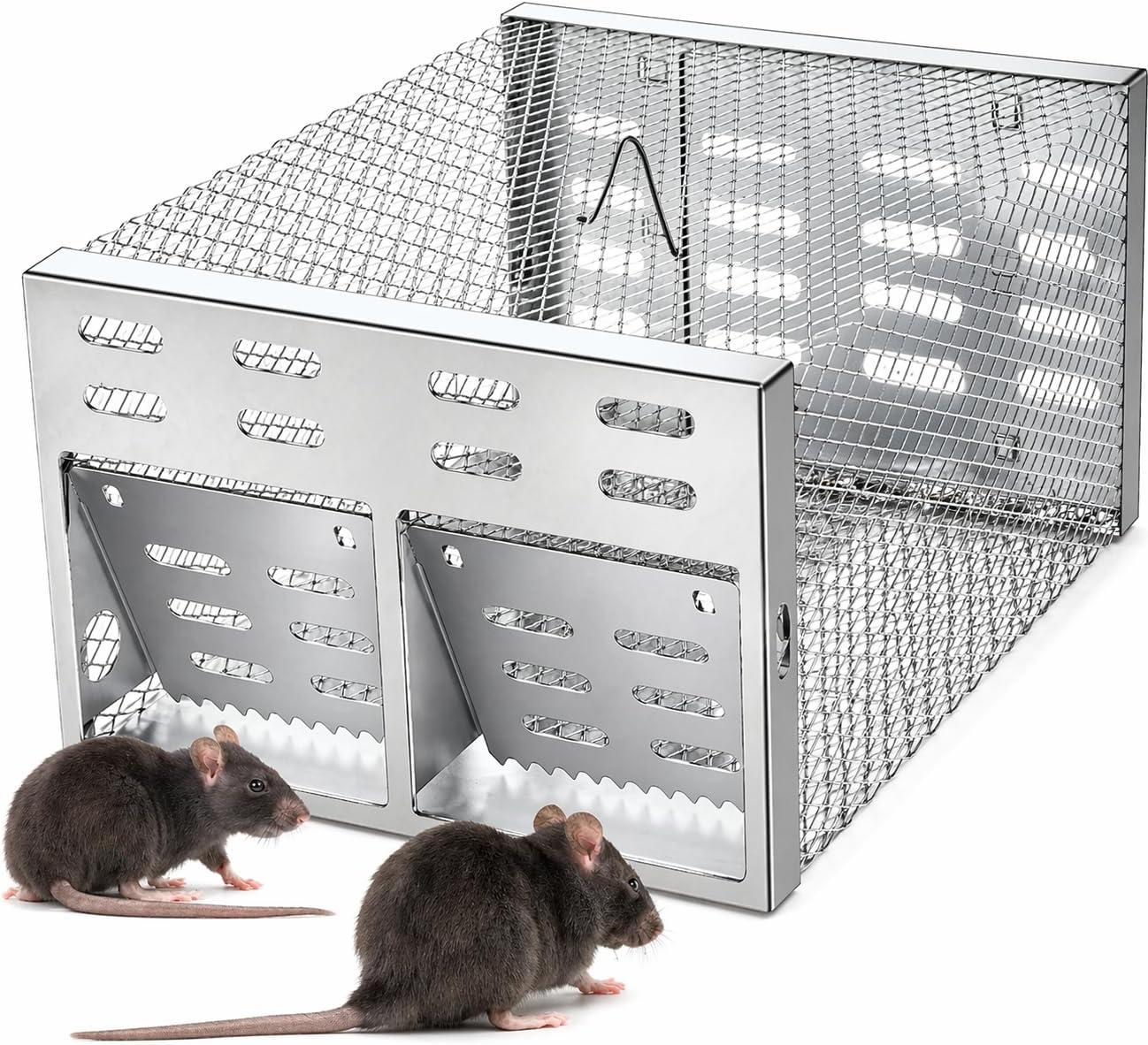 Humane Rodent Trap for Indoor & Outdoor Use - Automatic Multi-Catch Metal Cage with Double One-Way Doors, Reusable Safe Trap for Mice, Chipmunks & Small Animals (Grey)