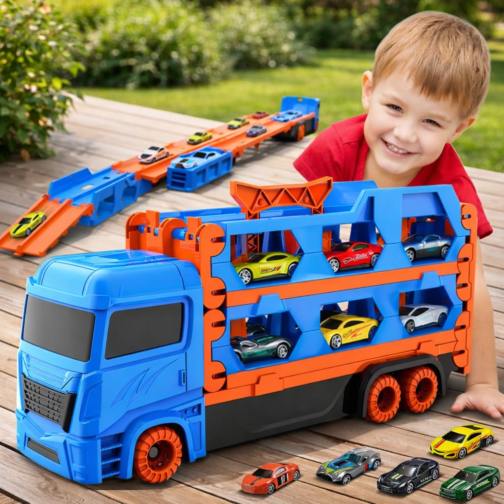 MiniExplorer Big Hauler Storage & Deform Transport Truck Toy | 3-in-1 Transforming Carrier with Foldable Dual Racing Track & 2 Die-Cast Cars | Push & Go Toy for Kids Boys & Girls 3+ Years