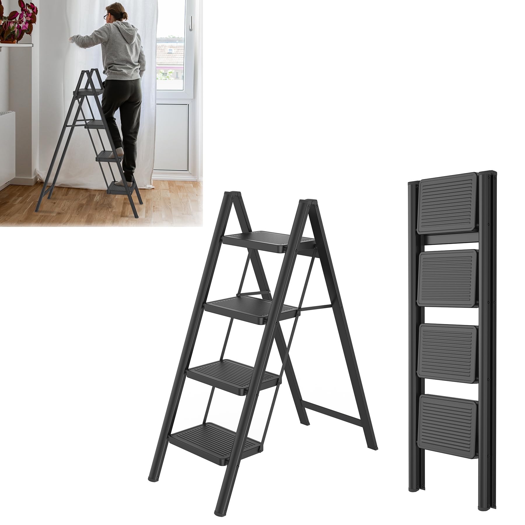 SAILUN Folding Step Ladder, 4-Step, Steel Construction, Non-Slip Rubber Mats, Widened Steps, 250KG Load Capacity, Suitable for Home, Office, Garage, Black