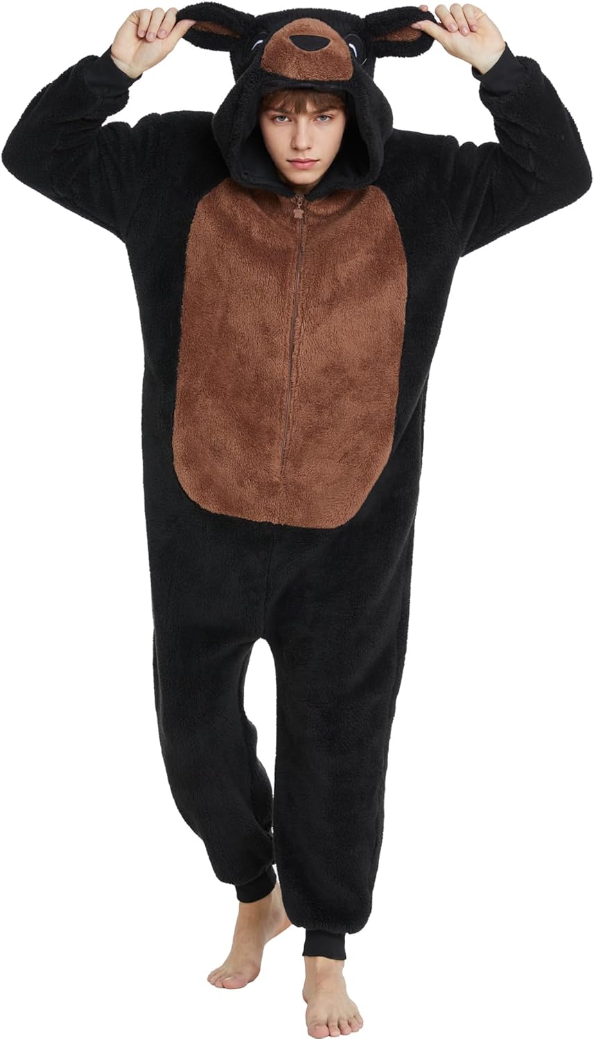 Fluffy Bear Costume Adult Unisex Bear Onesie Pajamas Hooded Zipper Halloween Animal Cosplay Costume for Women Men