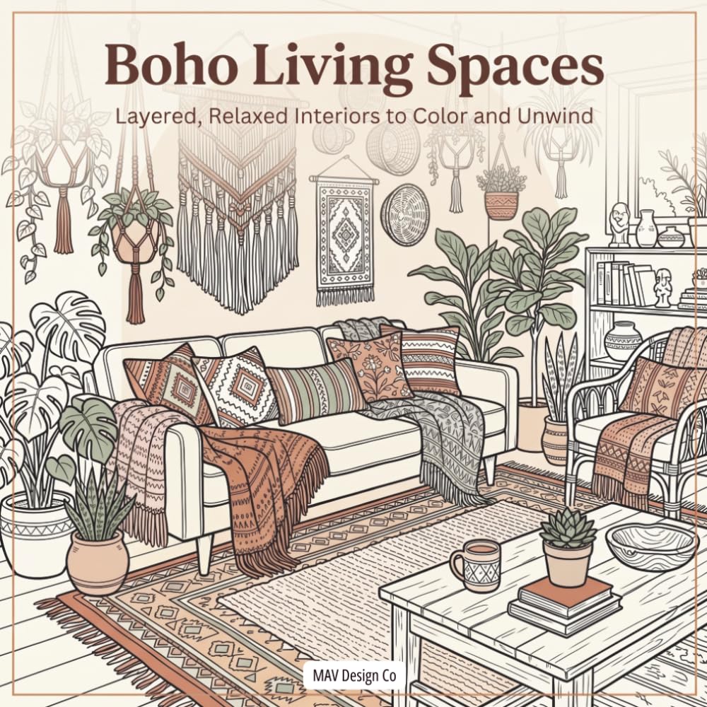 Boho Living Spaces Layered, Relaxed Interiors to Color and Unwind: Cozy Bohemian Interiors, Layered Decor, and Relaxing Spaces to Color for adults and tweens (Interior Styles Coloring Collection)