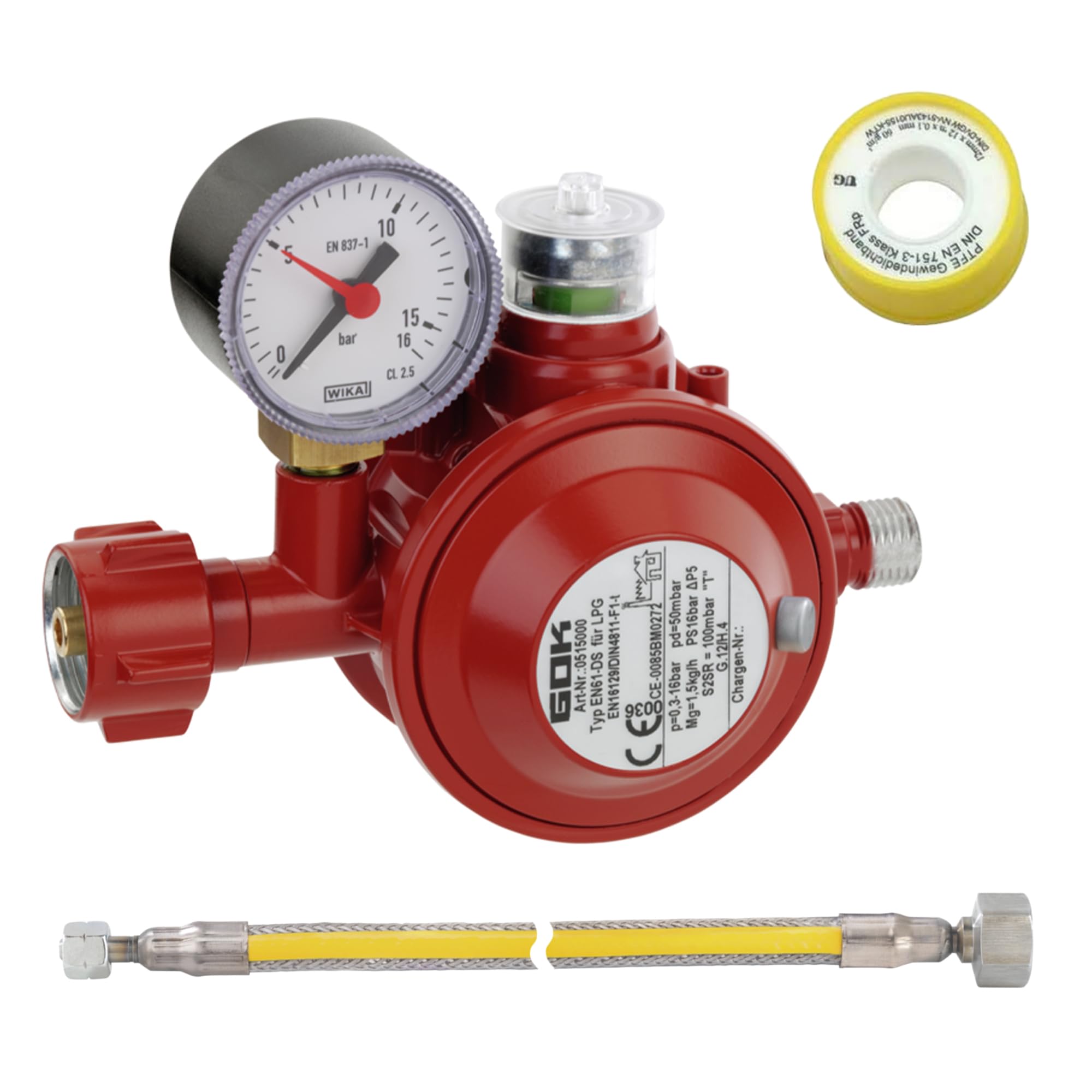 GOK Anschlussset Pro, Set aus Gasdruckminderer, Gasanschlussschlauch 1m und Abdichtungsband, für den direkten Anschluss von Geräten an die Gasflasche, Betriebsdruck:50 mbar
