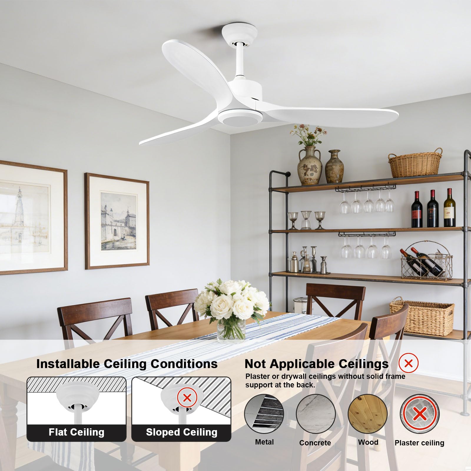 Ventilador de Techo Moderno de Madera sin Luces, Ventiladores Inteligentes con Control Remoto/aplicación/Voz, 6 velocidades, Perfil bajo, silencioso, sin luz, para Dormitorio/casa