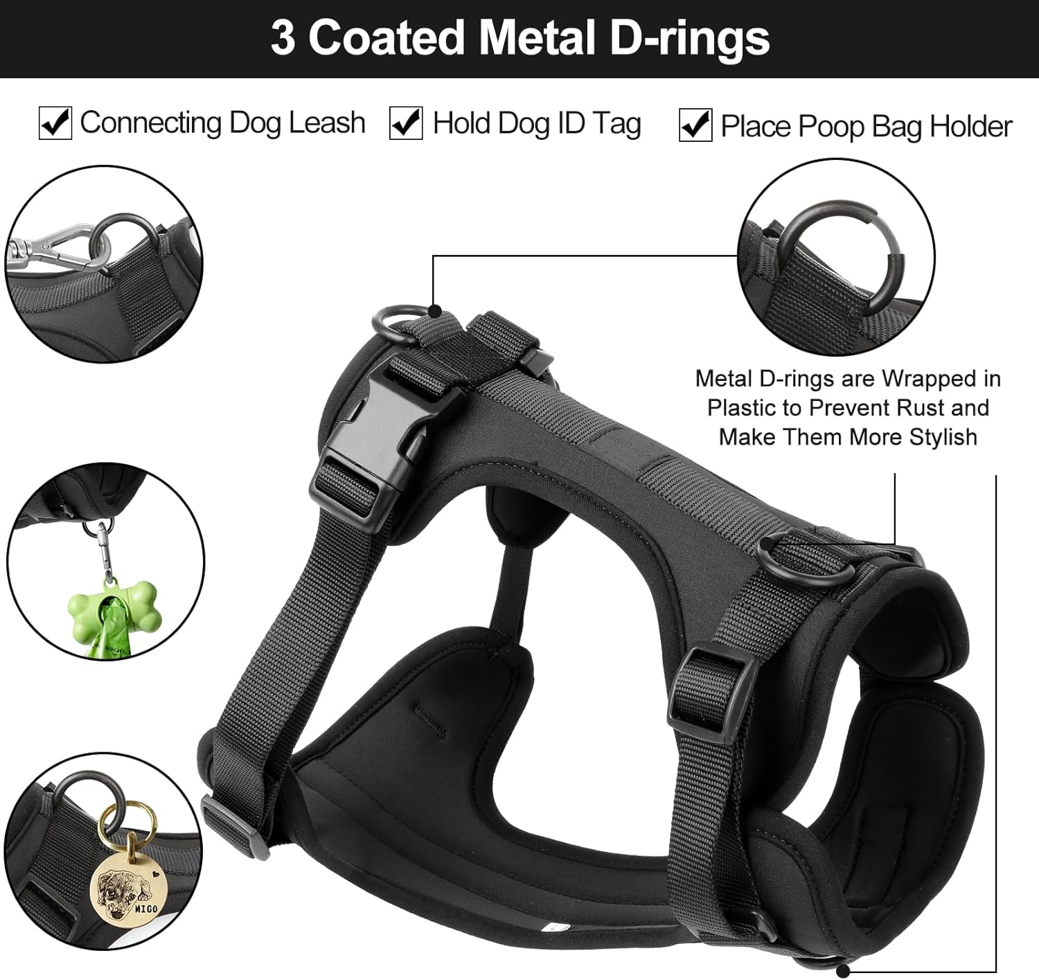 Wisedog No Pull Lightweight Dog Harness: Adjustable Breathable Mesh Pet Vest Harness with Soft & Comfortable Cushion, for Small Medium Large Dogs (Large, Black)