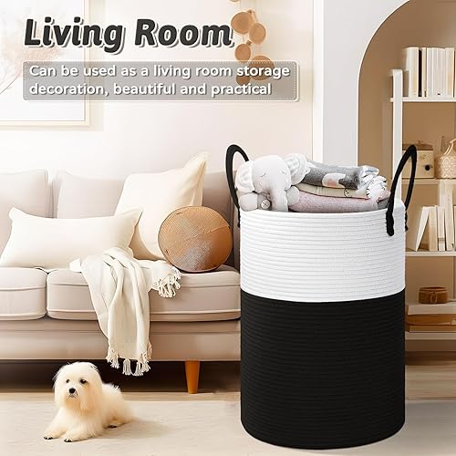 Miniatura 5 de Cesta de lavandería de cuerda de algodón tejida, 80 litros para almacenamiento decorativo de ropa sucia, juguetes y mantas en el baño, habitación