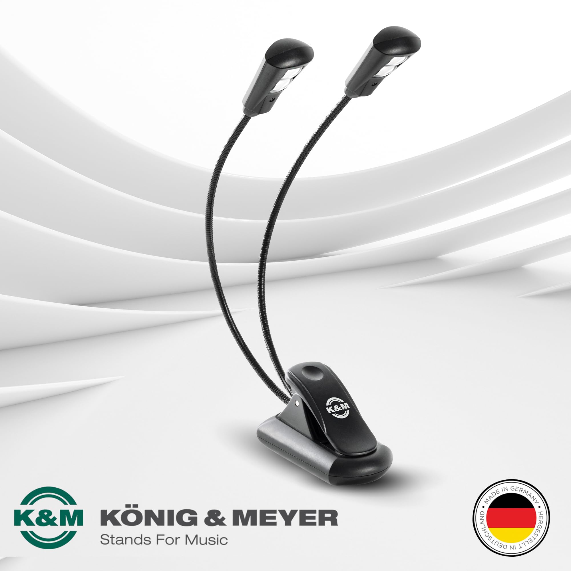 K&M 12259 Notenpultleuchte Double2 LED FlexLight Schwarz - mit Li-Ion-Akku, Clip, 2 flexible Schwanenhälse, 2x 1300 Lux