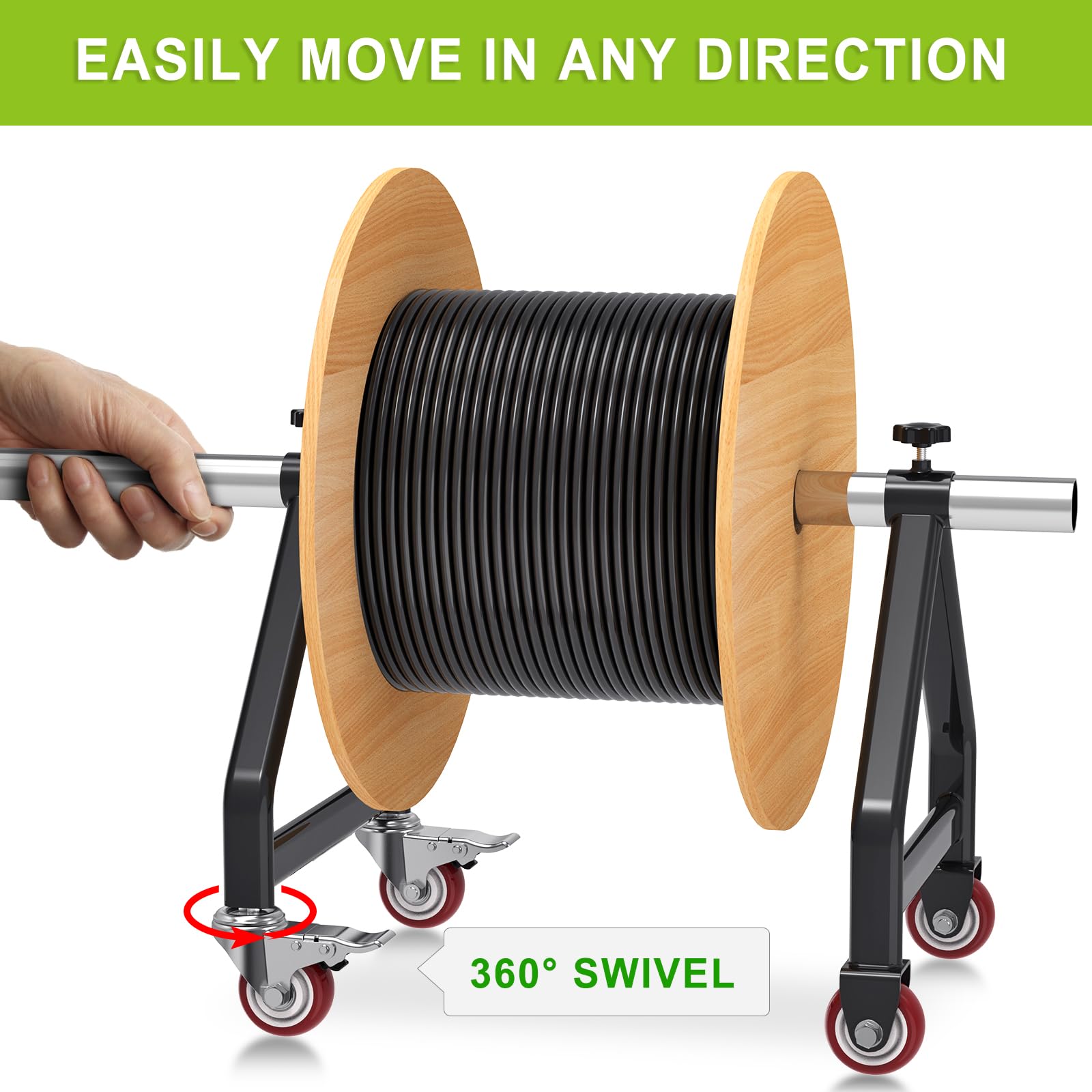 Support de bobine de fil portable, roulettes pivotantes avec frein, distributeur de fil métallique entièrement soudé pour bobines jusqu'à 71,1 cm de diamètre, capacité de 99,8 kg, noir