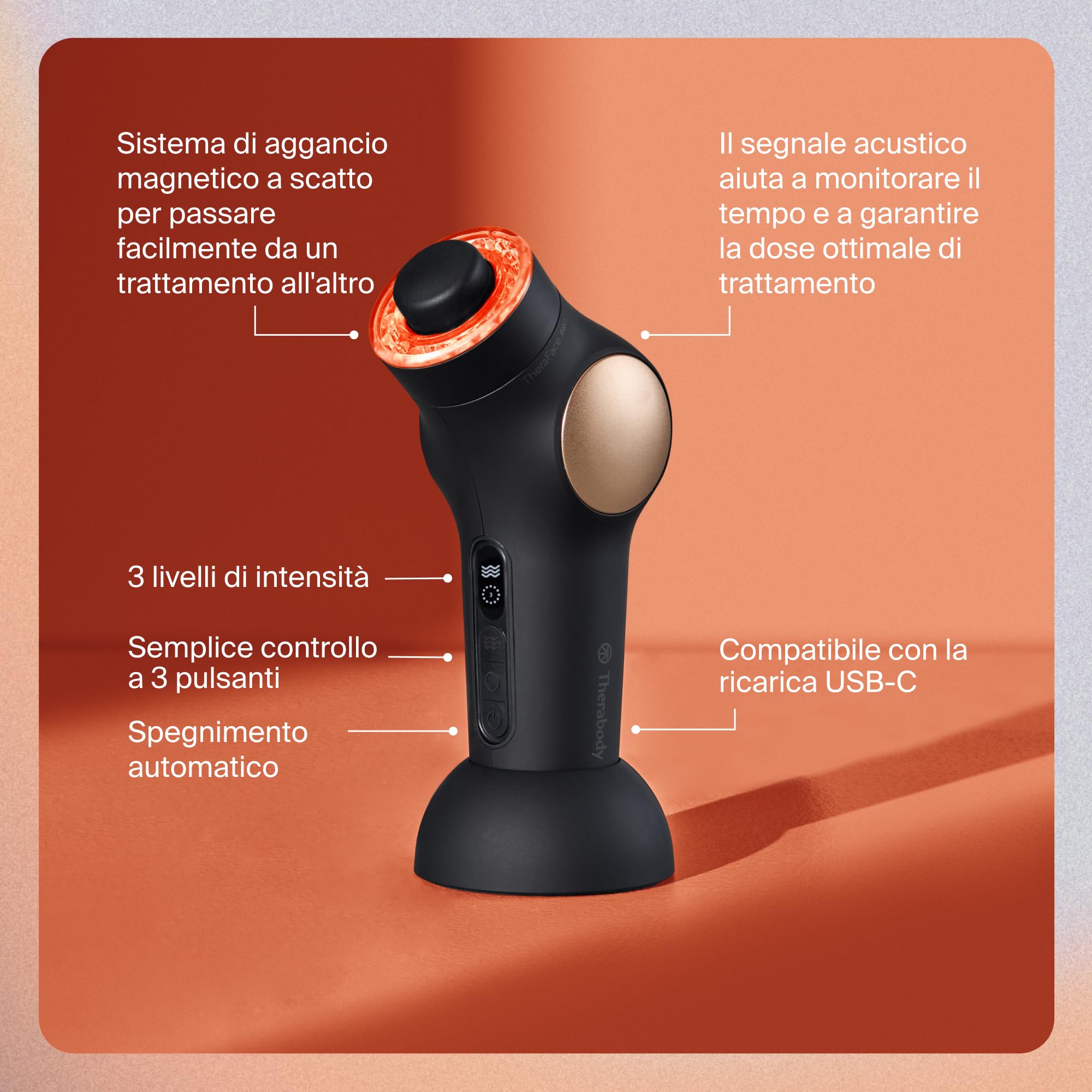TheraFace Pro, massaggiatore facciale portatile, dispositivo elettrico compatto per la cura del viso e della pelle, trattamento microcorrente 8 in 1 e anelli per terapia della luce a LED, nero
