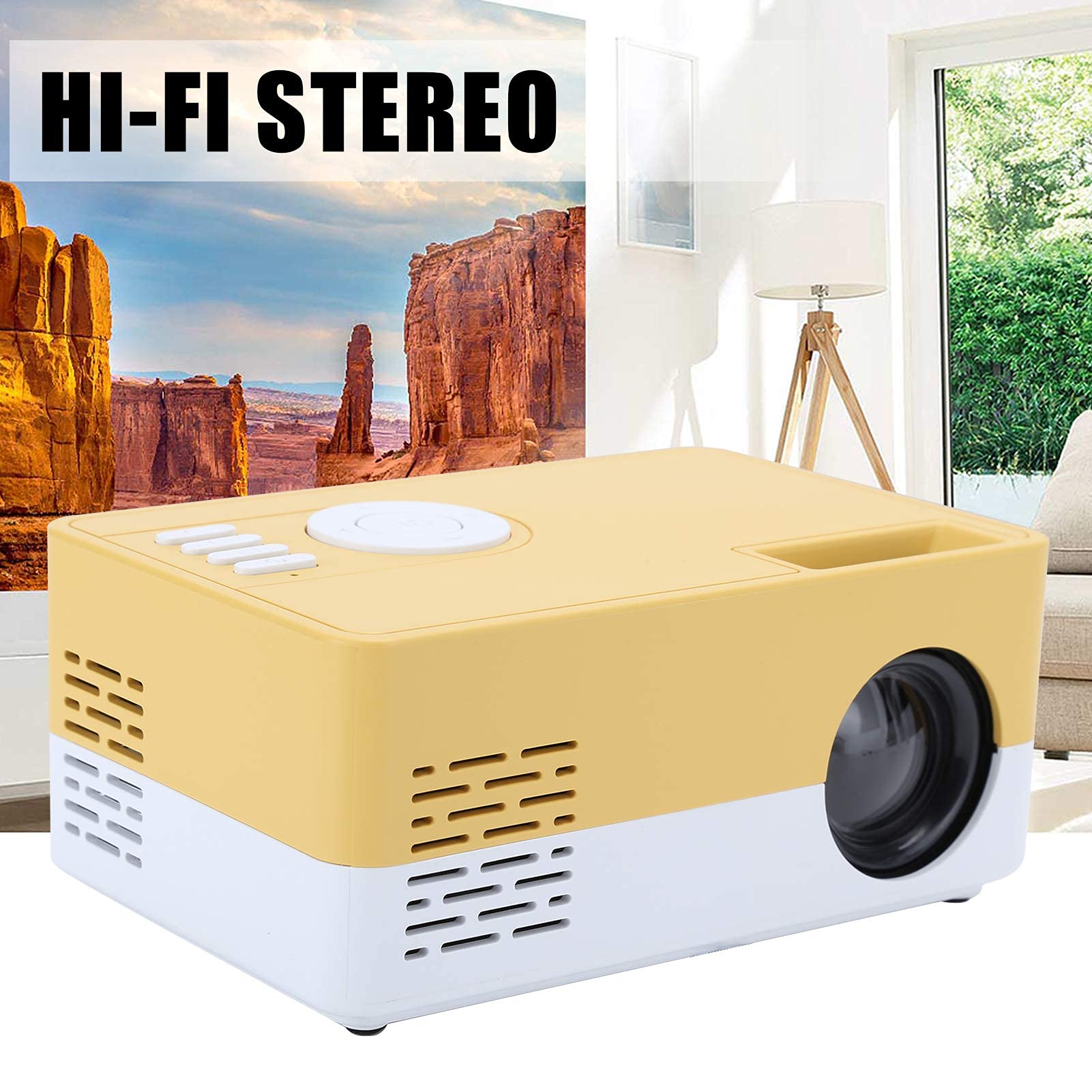 Dpofirs Proyector LED de 1800 LX, Mini proyector portátil con proyección de 24-60 Pulgadas, Reproductor Multimedia de Video de Cine en casa de 1920 X 1080p Proyector con Estante(Blanco Amarillo)