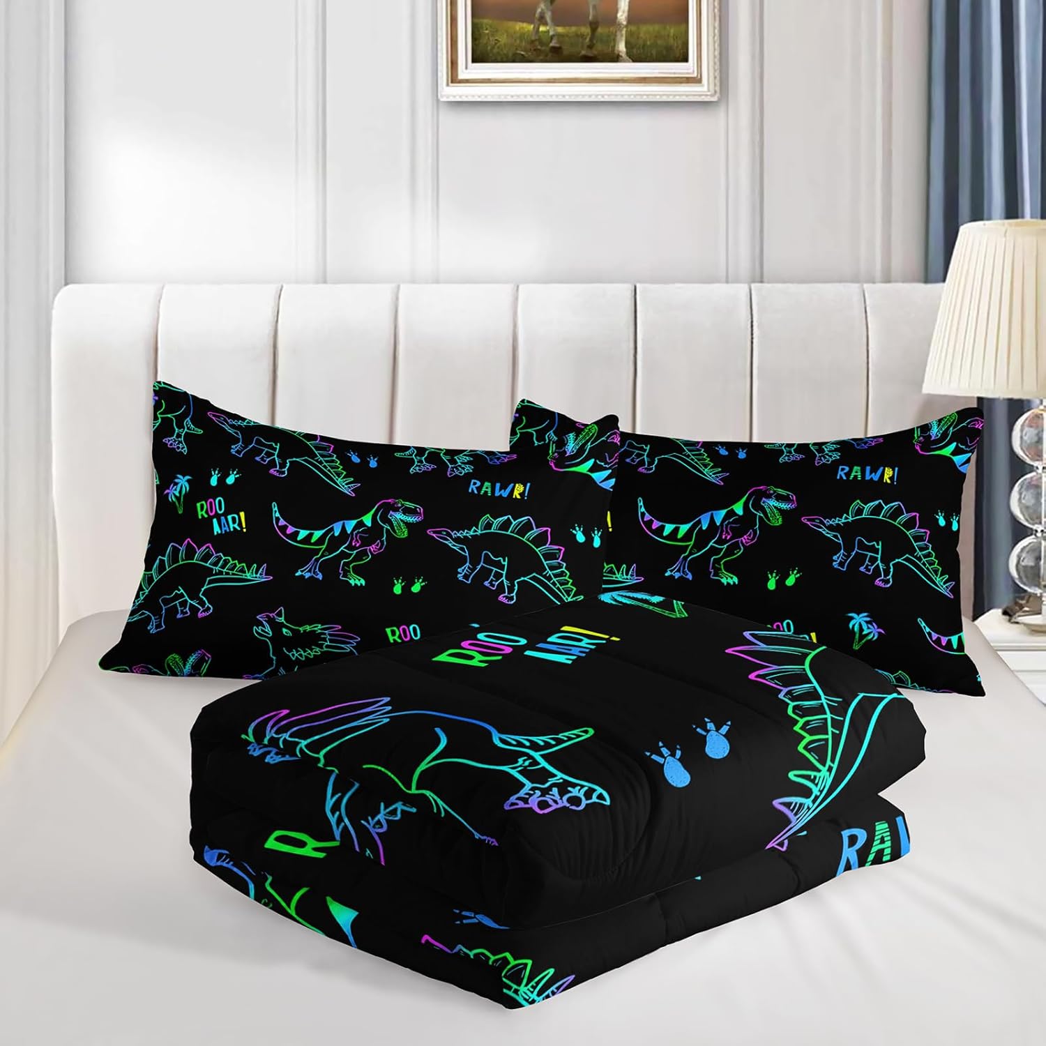QOOMO Jurassic Dinosaur Kids Bedding Set, Black Cartoon Animals Comforter Queen Size, Suitability Girs and Boys Black Decorate a Room 1 Comforter Set 2 Pillowcases