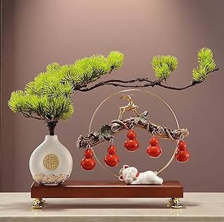 中国風の風水ひょうたん彫刻、松の像を歓迎するエレガントな花瓶、リビングルーム、玄関、新築祝いのギフトに最適な鹿の飾り