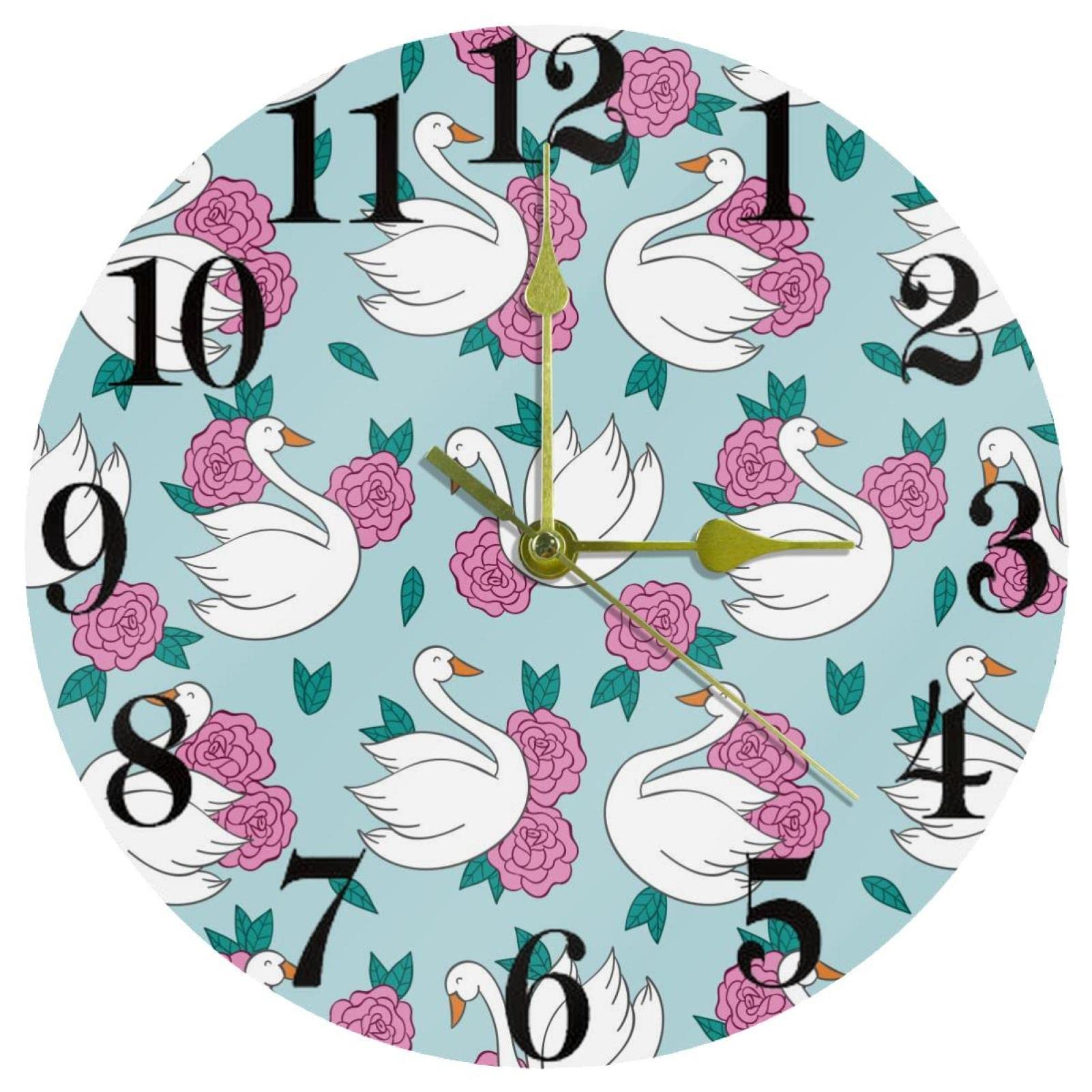 Horloge murale ronde sans bruit Happy Swan à fleurs roses pour sommeil réparateur