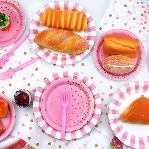 Miniatura 4 de KEFAN Suministros para fiesta de cumpleaños de rayas rosa claro, juego de platos decorativos de fiesta de rayas rosas incluye plato de 9 pulgadas,