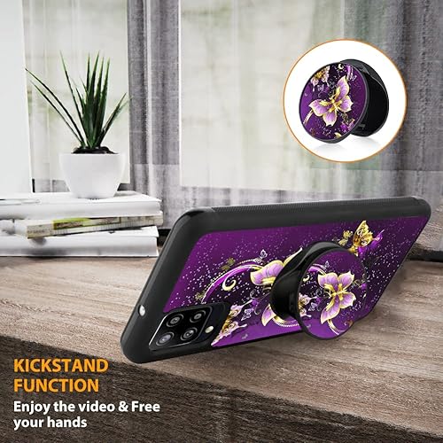 Miniatura 3 de SAKUULO Funda para Samsung Galaxy A12, protector de pantalla + soporte Diseño de mariposa morada, textura de neumático antideslizante, a prueba de