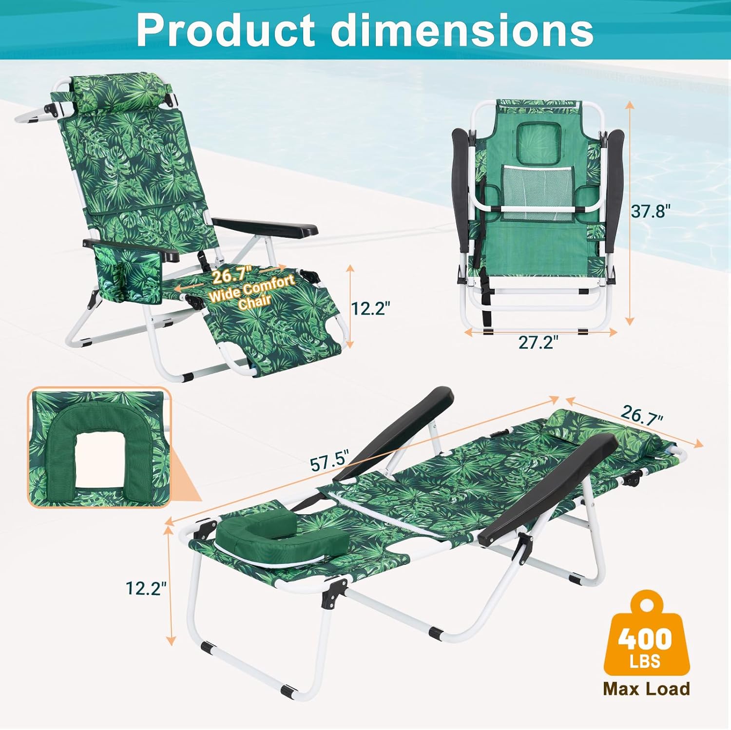 MOPHOTO 3 in 1 Beach Chairs, Heavy Duty Beach Tanning Chair for Adults, Lay Flat Recliner with 5-Position Adjustable Backrest, Folding Outdoor Chair for Beach, Pool, Patio, Camping