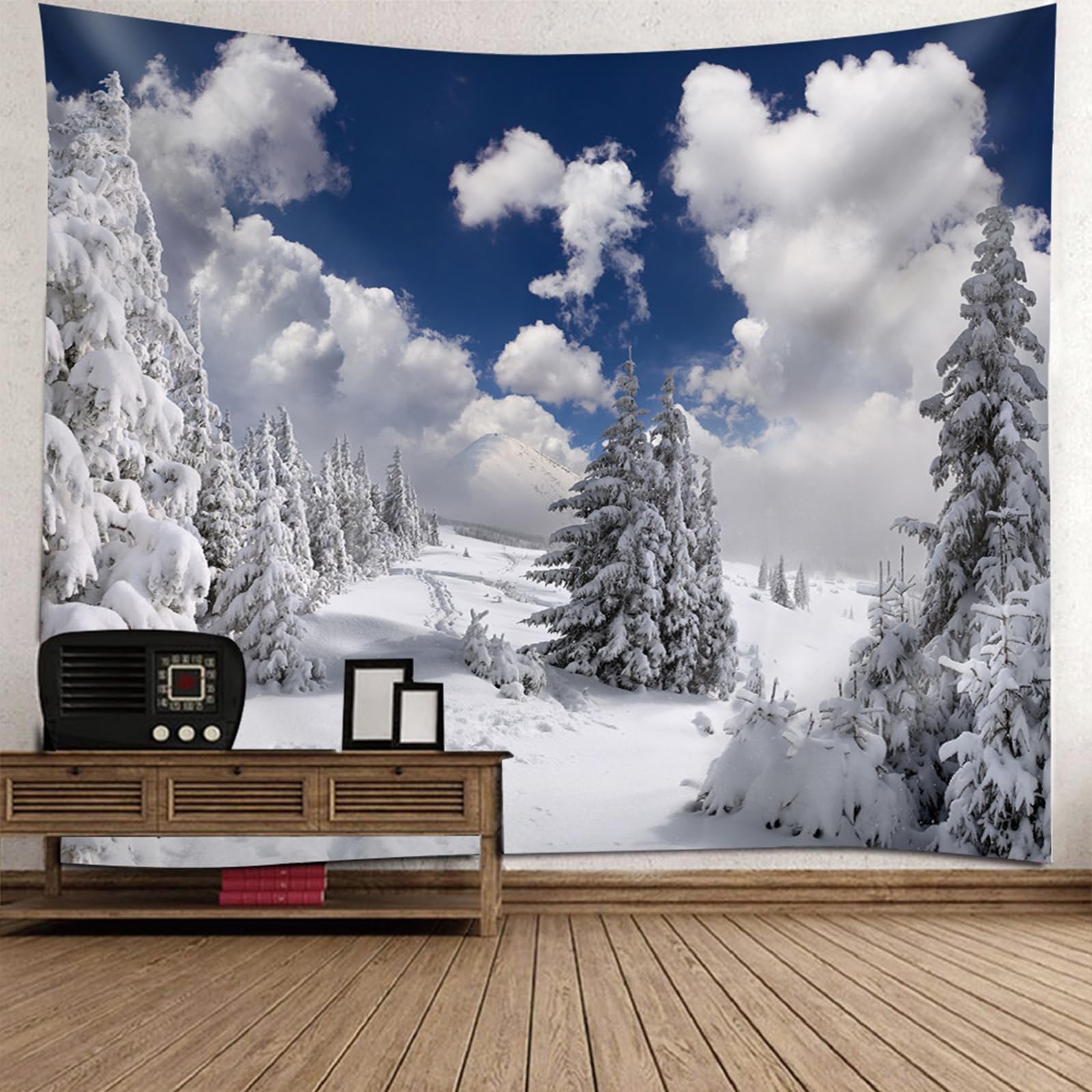RDSGYZ Gobelin duży 300 x 256 cm, ozdoba na ścianę, chusta na ścianę, motyw zimowych gór, białych chmur i drzew, zasłona ścienna, dekoracja ścienna, do pokoju dziecięcego, sypialni, salonu