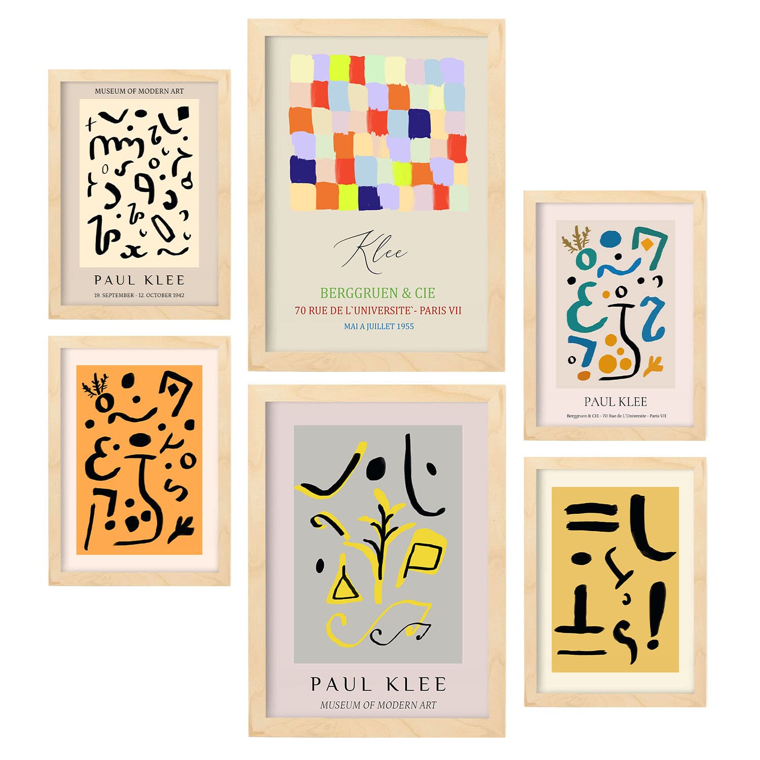 Nacnic Set of 6 posters Klee art. Collection of posters in collage aesthetic for interior decoration. Sizes A3 and A4. Light wood frames.
