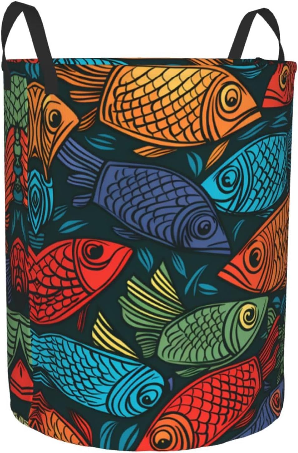 Colorful fish pattern Round Single-layer Laundry Basket, Portable Storage Laundry Basket, Bedroom Clothes Storage Basket with Handle